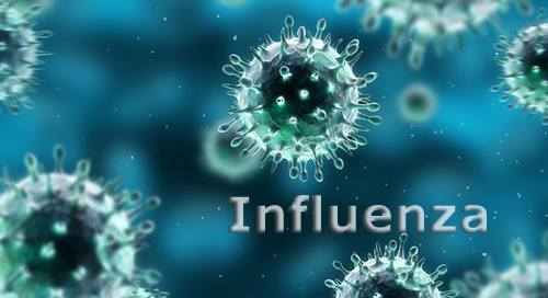 Blue and green microscopic image of influenza virus.
