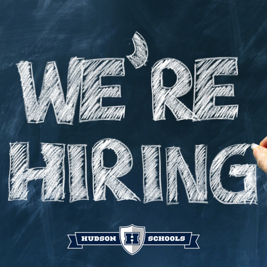 Blue chalk board with the words "We're Hiring"