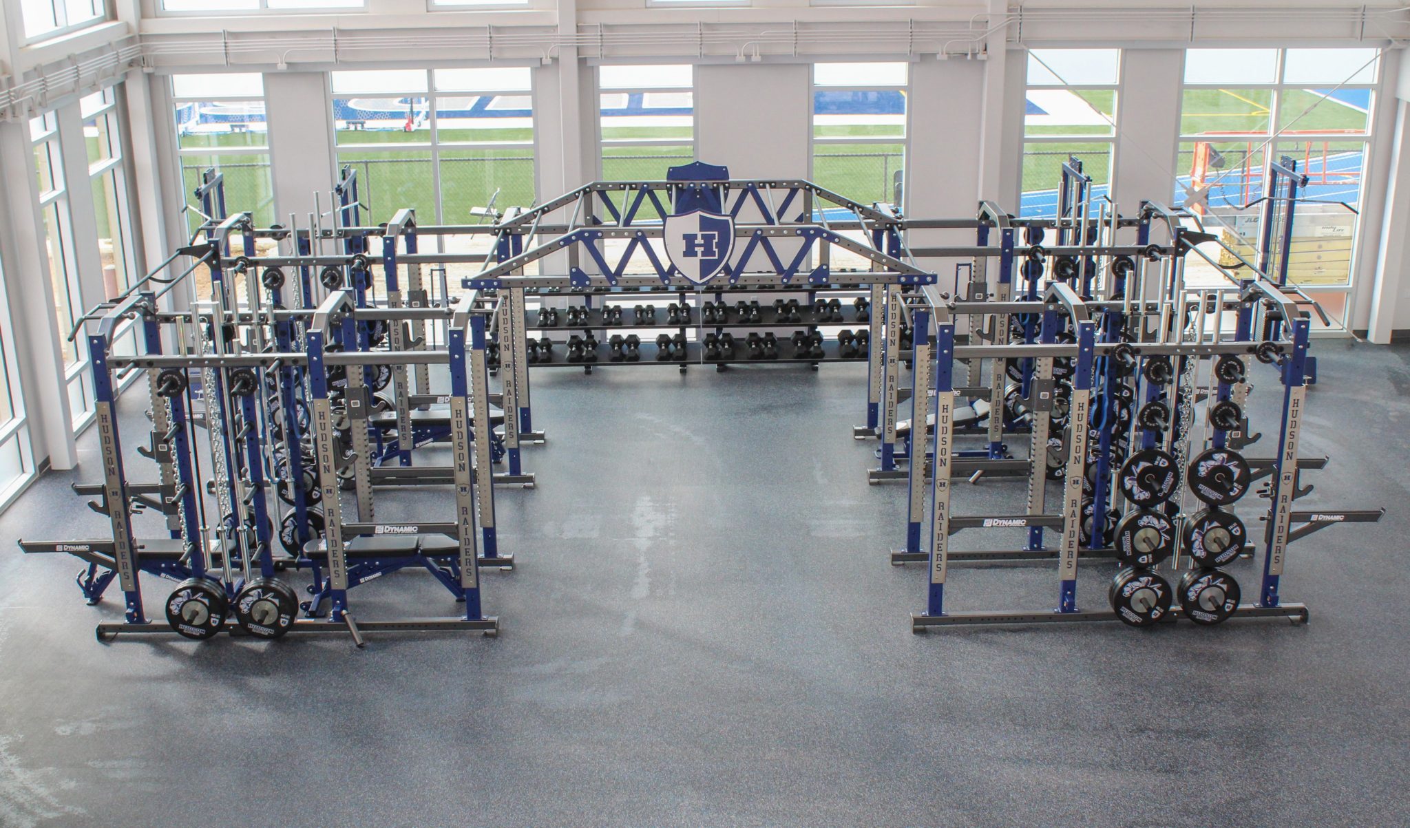 View of the HS lower fitness center weightlifting racks.