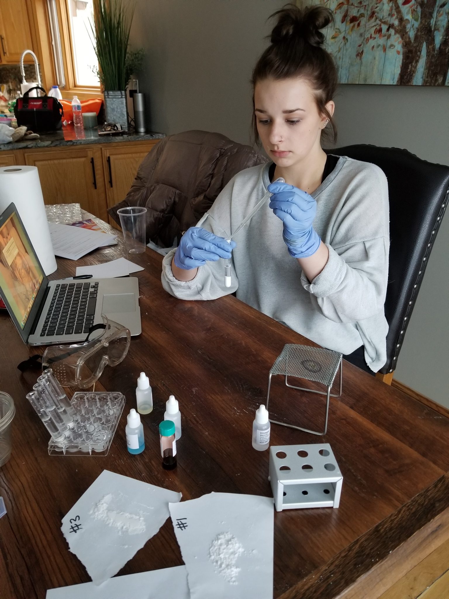 Student works with at-home chemistry lab kit.