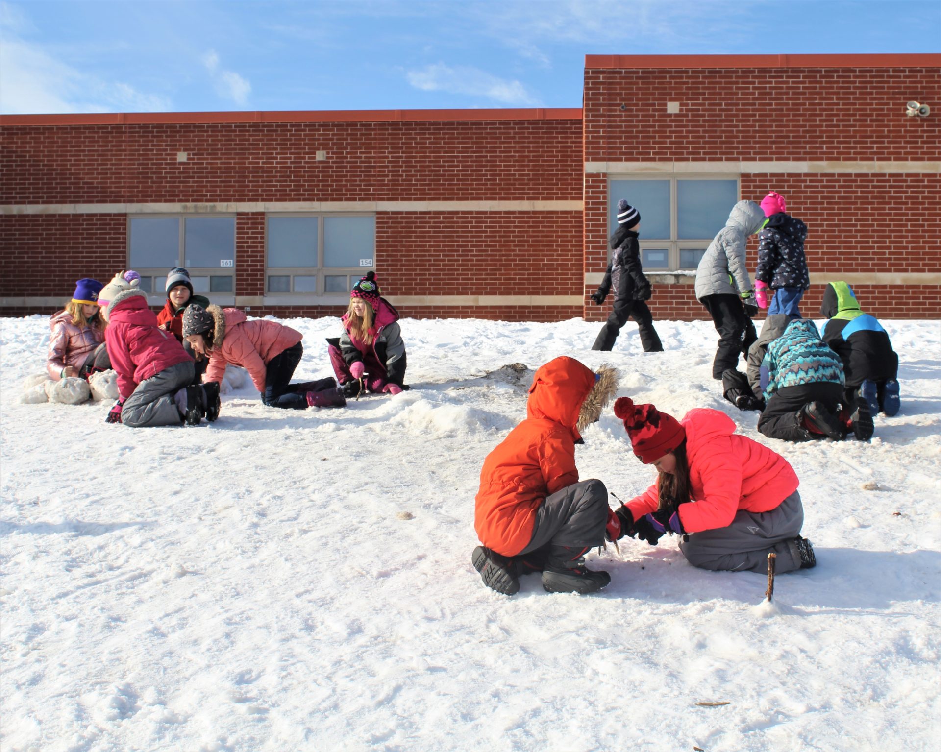 A group of students building snowballs.