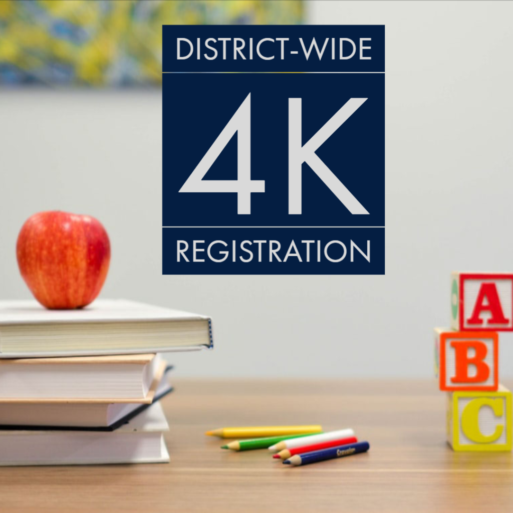District-wide 4K registration poster with books apple and blocks