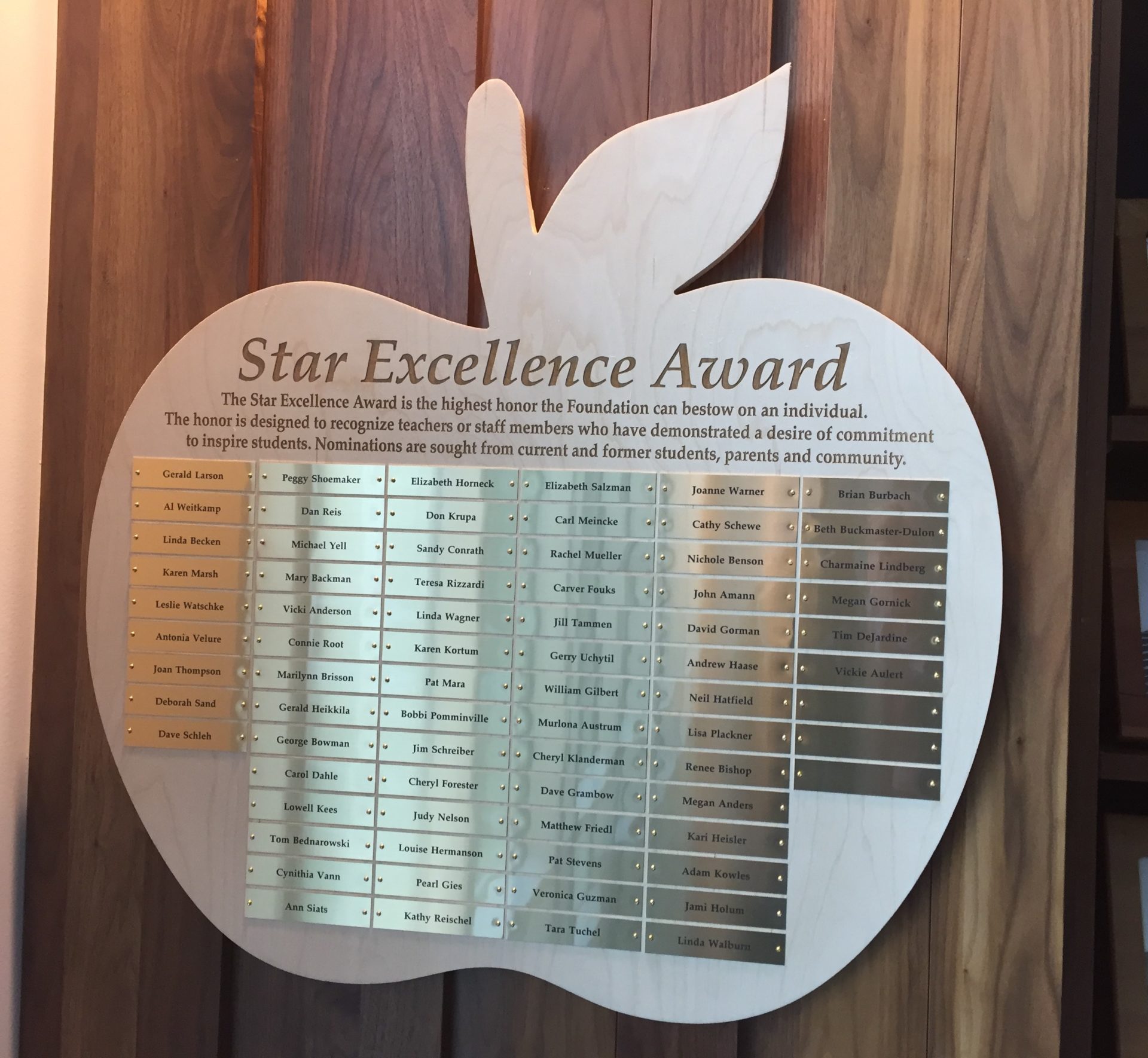 Ed Foundation star excellence award apple shaped plaque.
