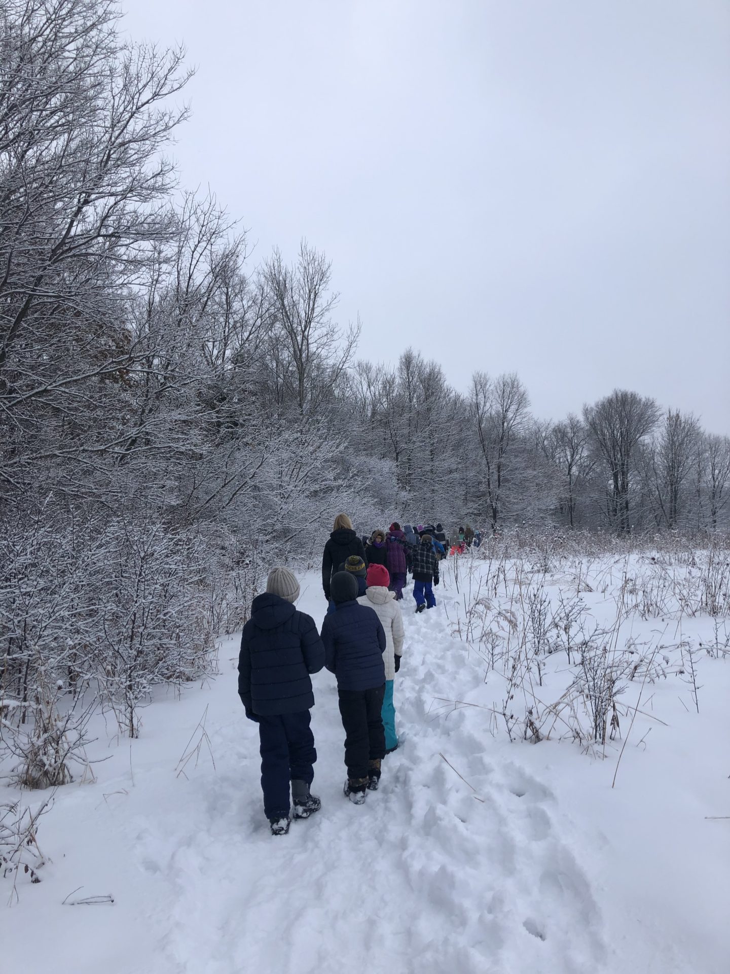 Students hiking in the snow.