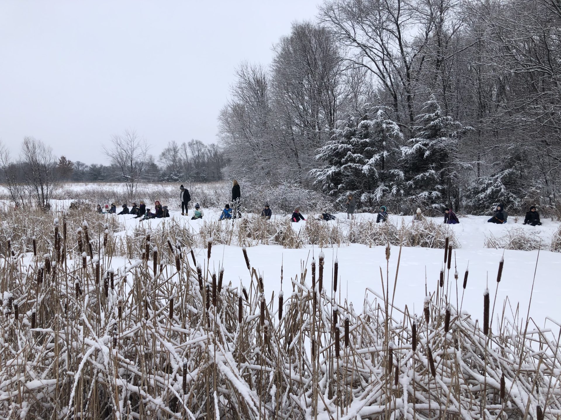 Students seated in the snow around the frozen pond.