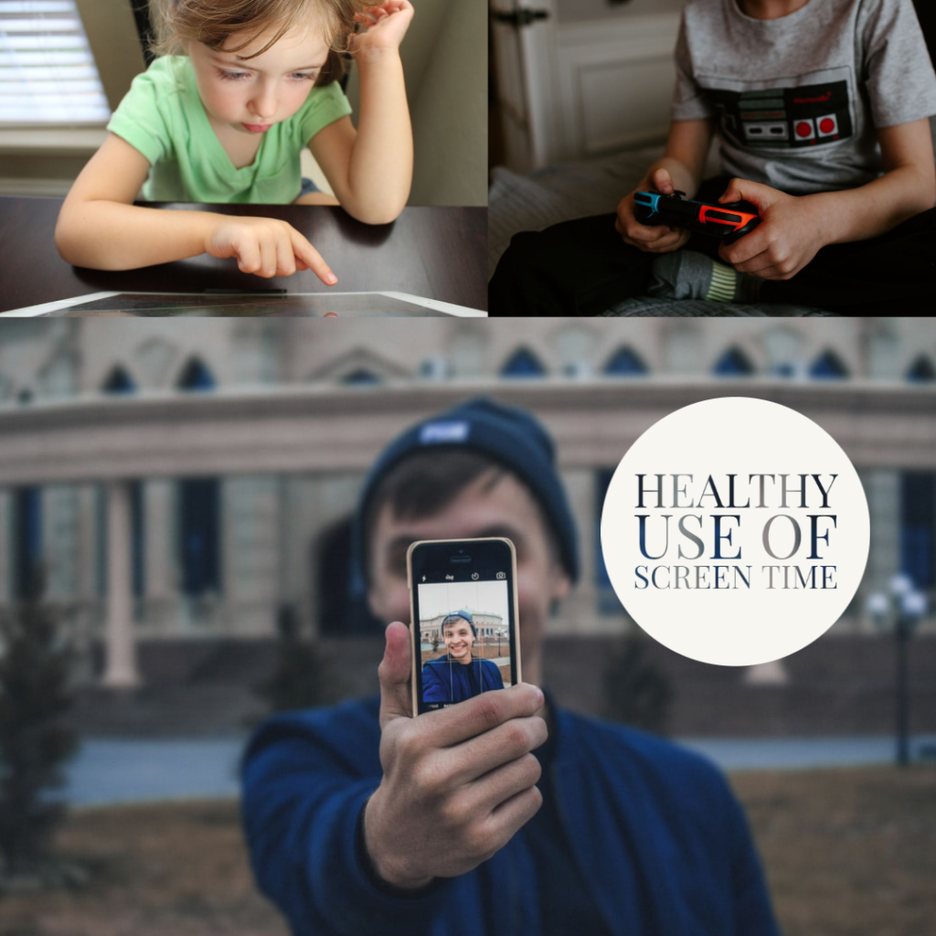 Multiple images of children using different screen time devices.