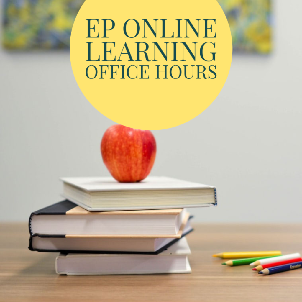 books and an apple with EP Online Learning Office Hours