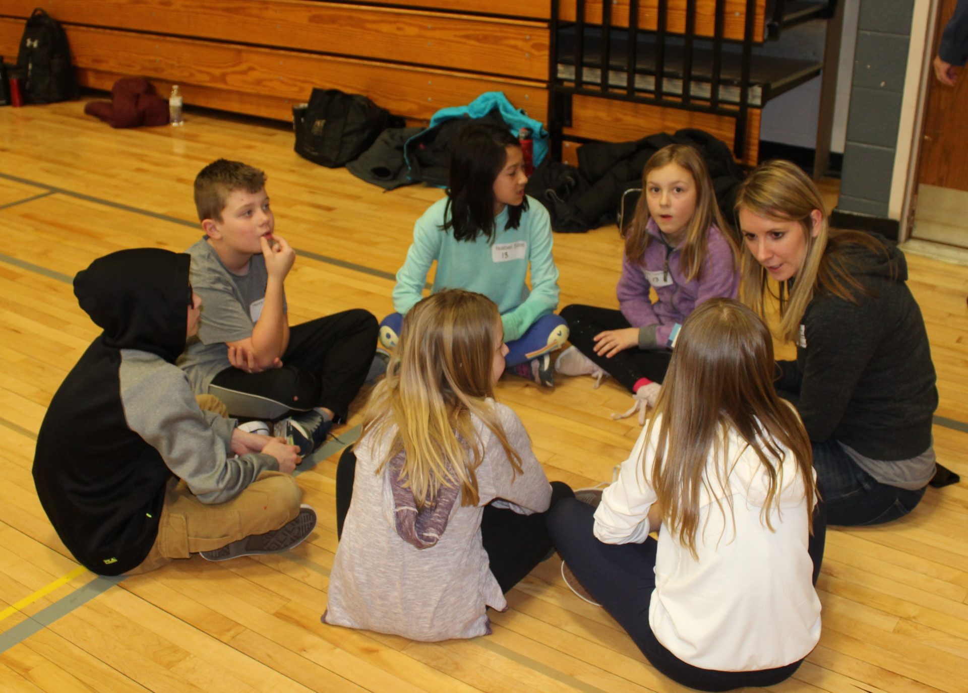 Students talking in a group.