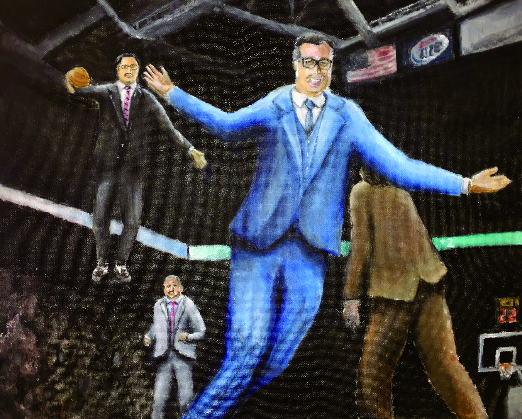 Painting of men in suits floating on basketball court.